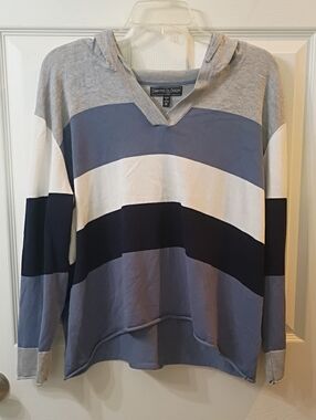 Blue Stripe V-Neck Hoodie Sweater